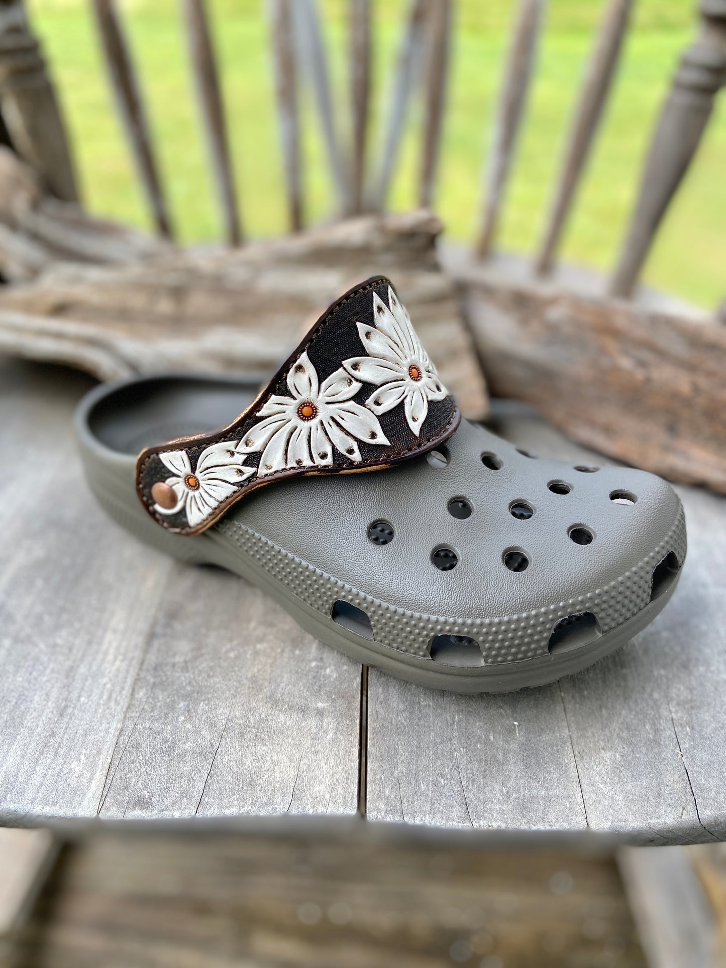 Animal print crocs with vintage looking daisy leather straps