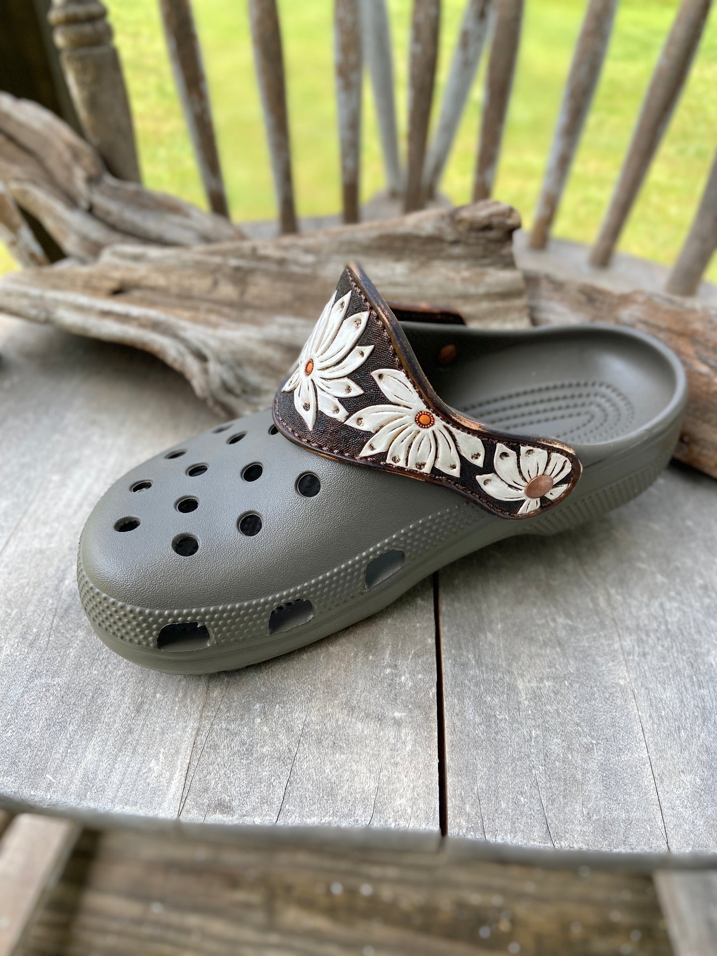 Animal print crocs with vintage looking daisy leather straps