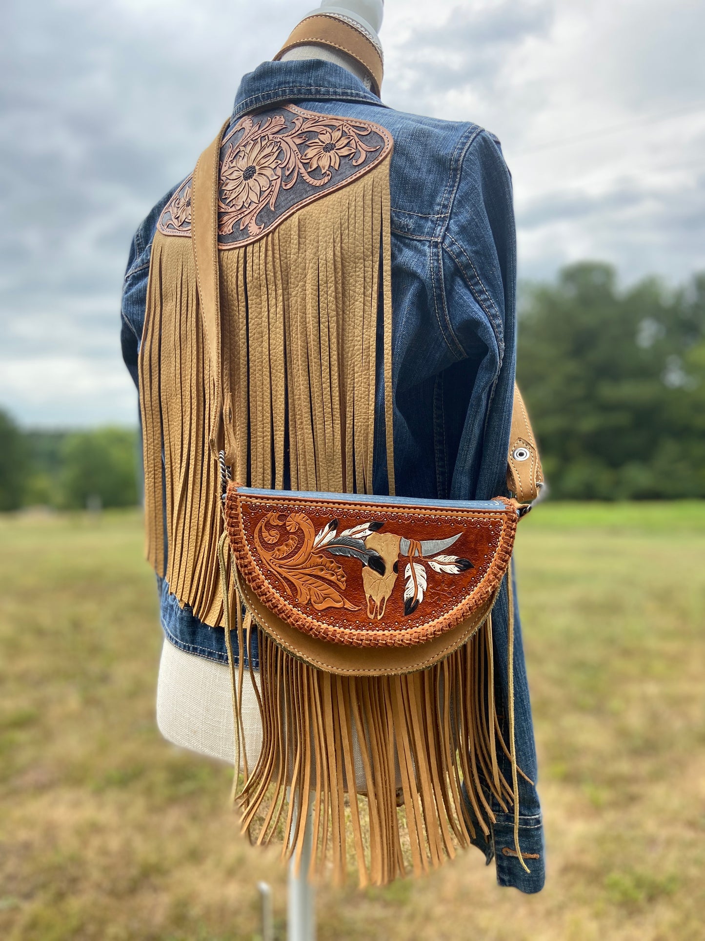 Vintage American Eagle jean jacket with leather patch and fringe