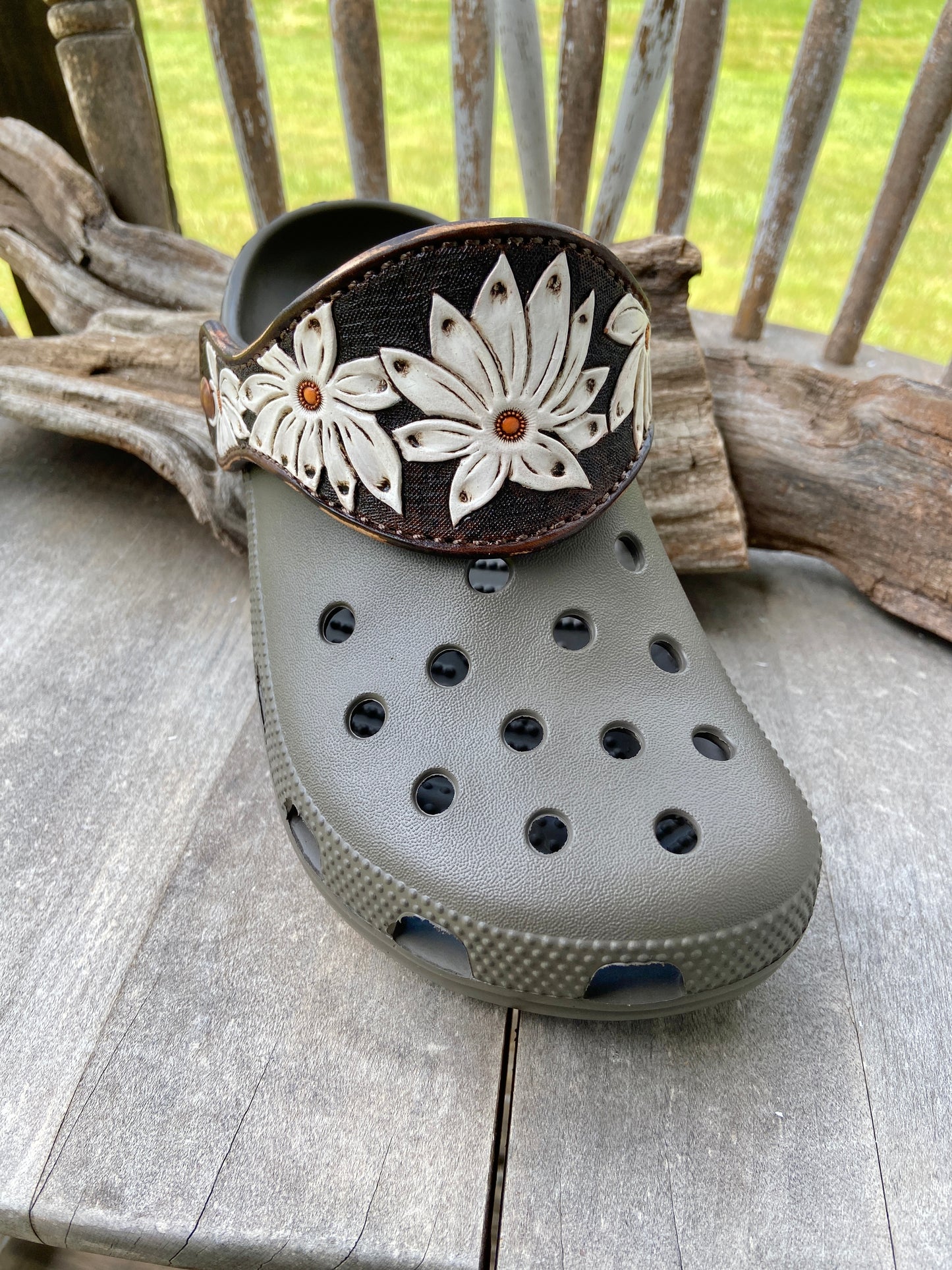 Animal print crocs with vintage looking daisy leather straps
