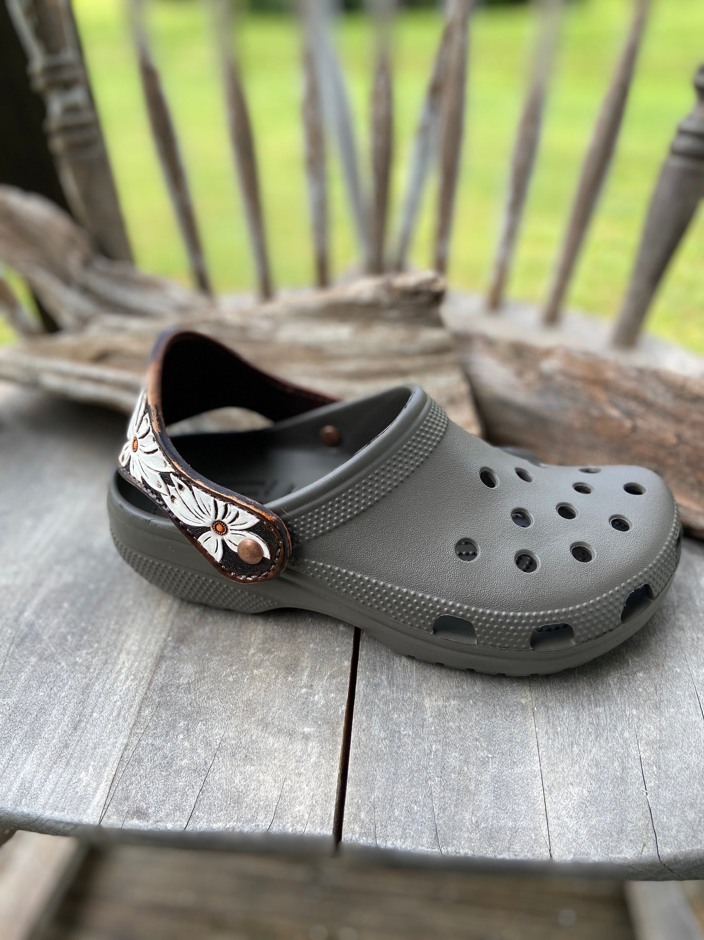Animal print crocs with vintage looking daisy leather straps