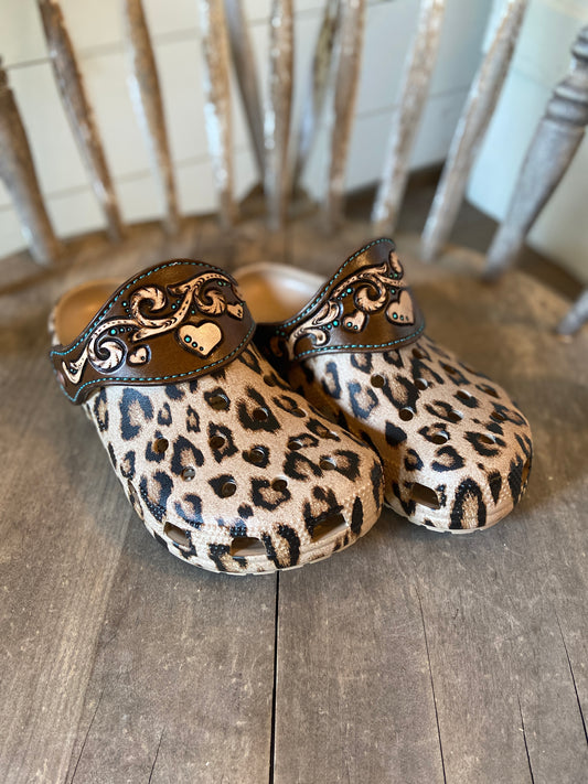 Leopard print crocs with leather strap