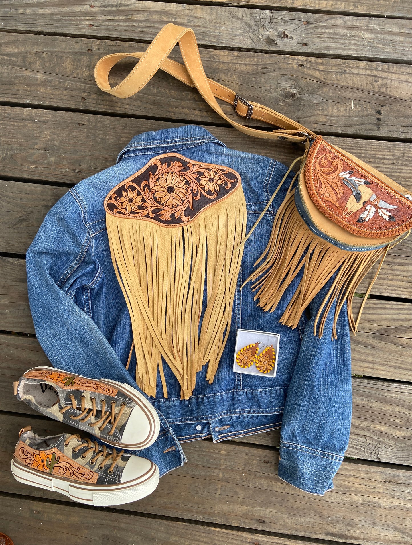Vintage American Eagle jean jacket with leather patch and fringe