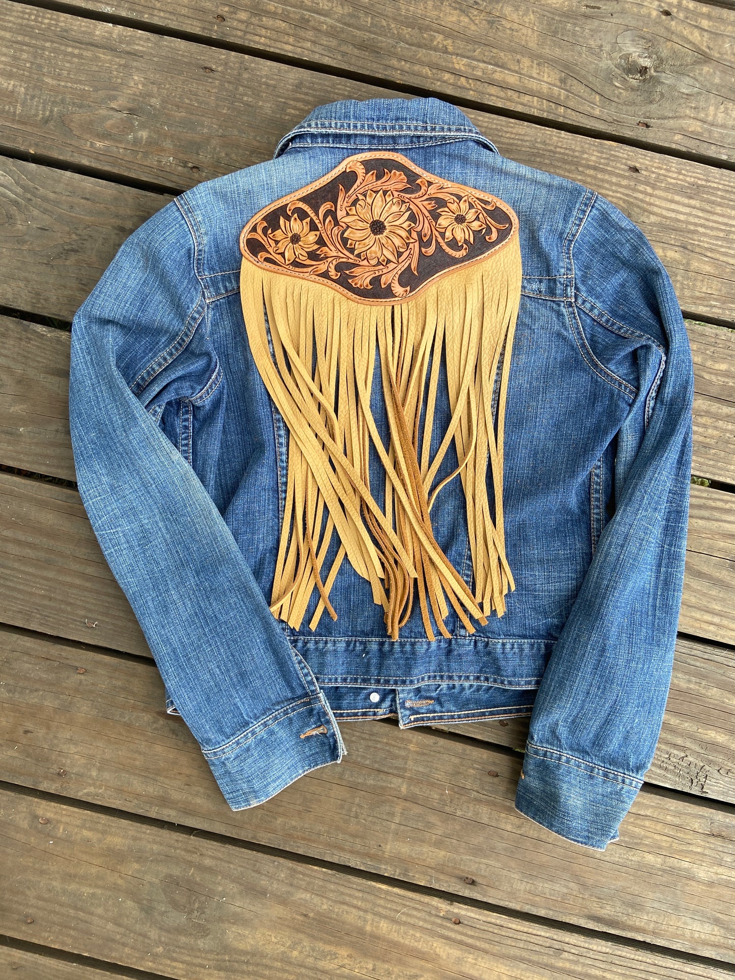 Vintage American Eagle jean jacket with leather patch and fringe