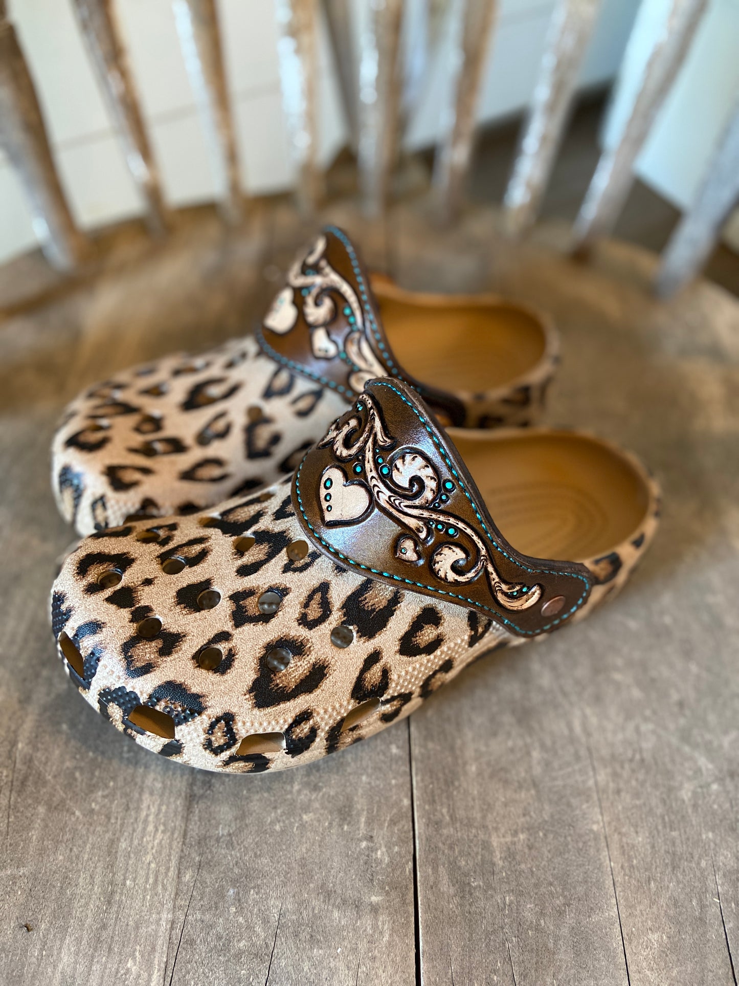Leopard print crocs with leather strap