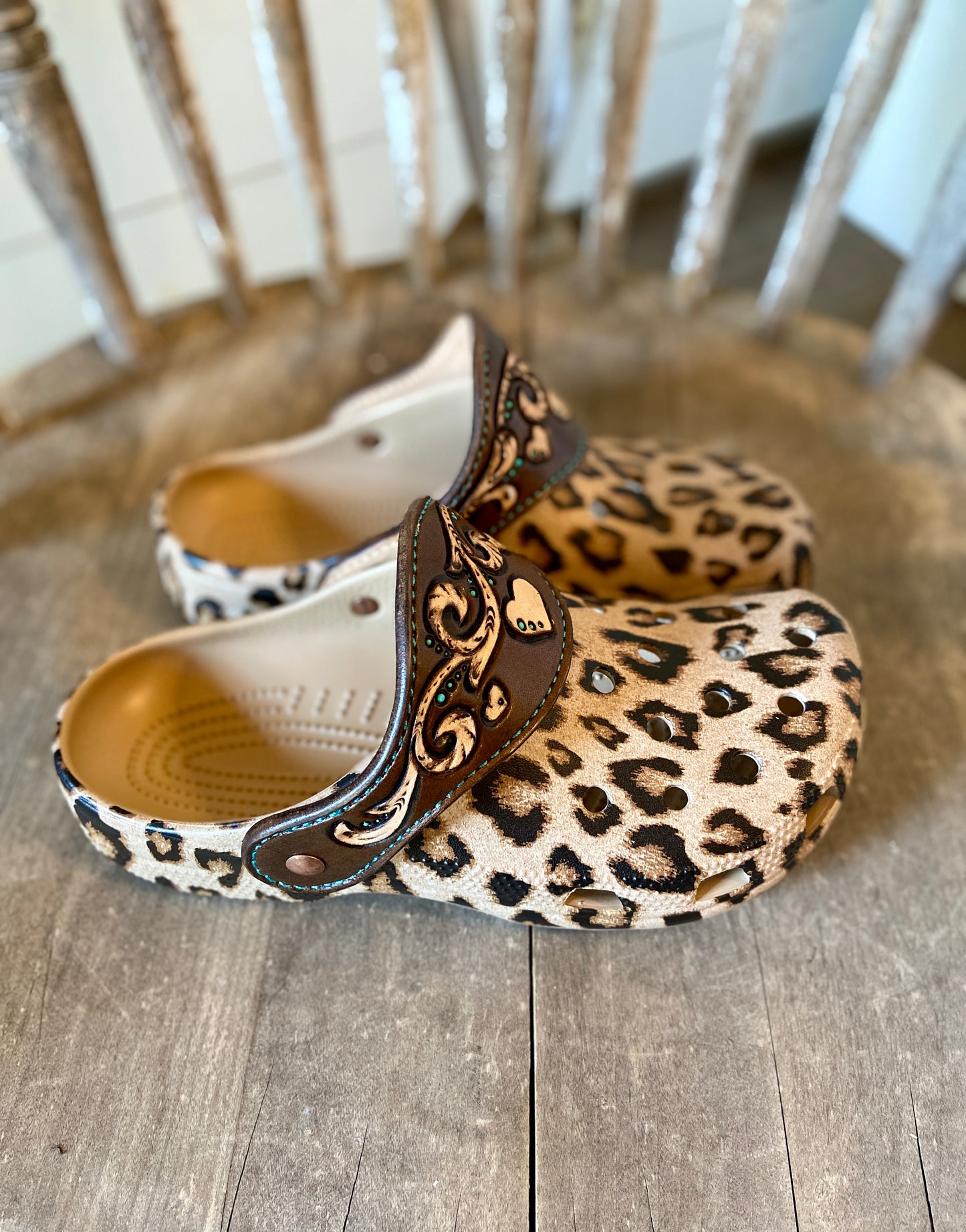 Leopard print crocs with leather strap