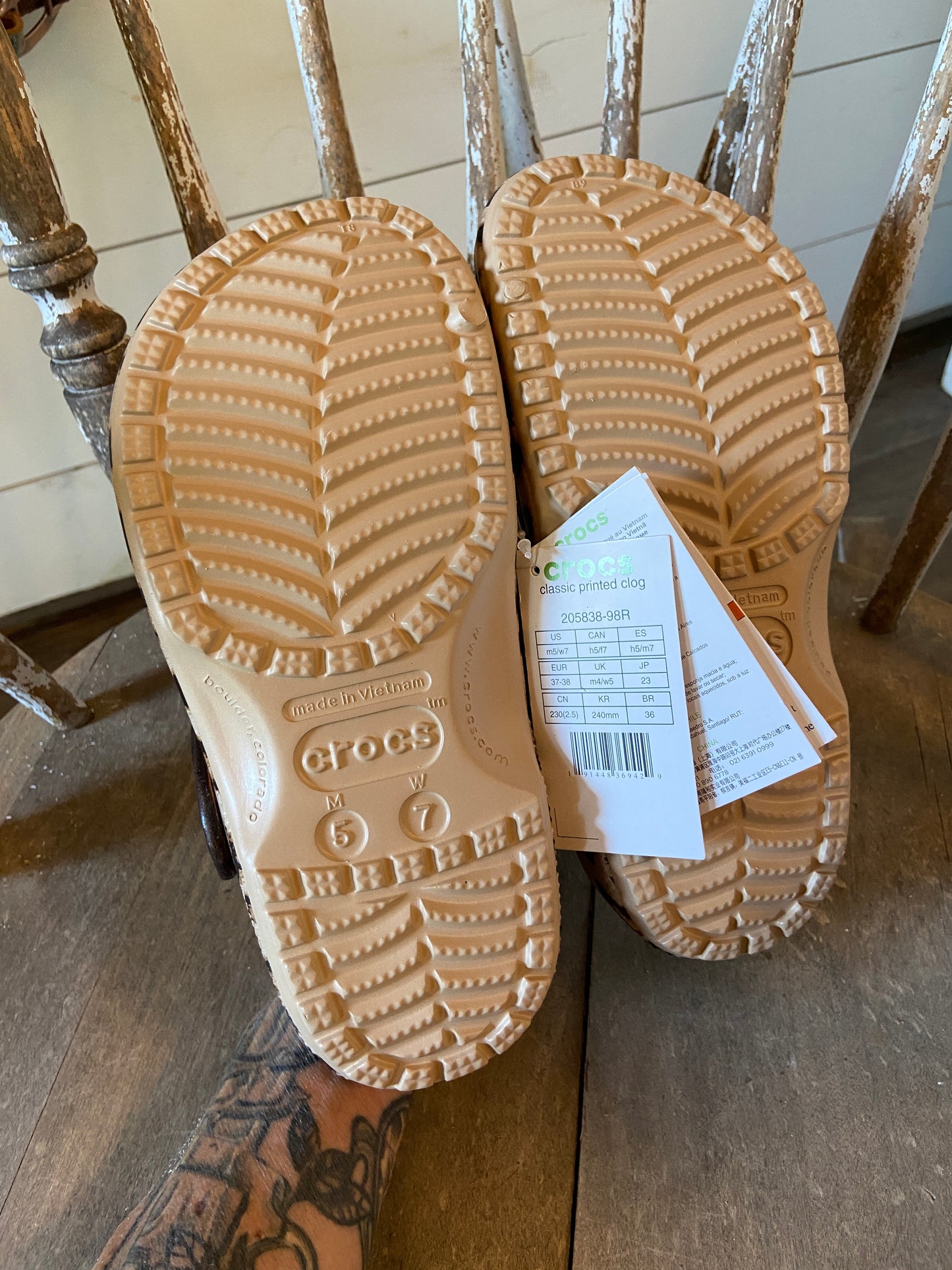 Leopard print crocs with leather strap