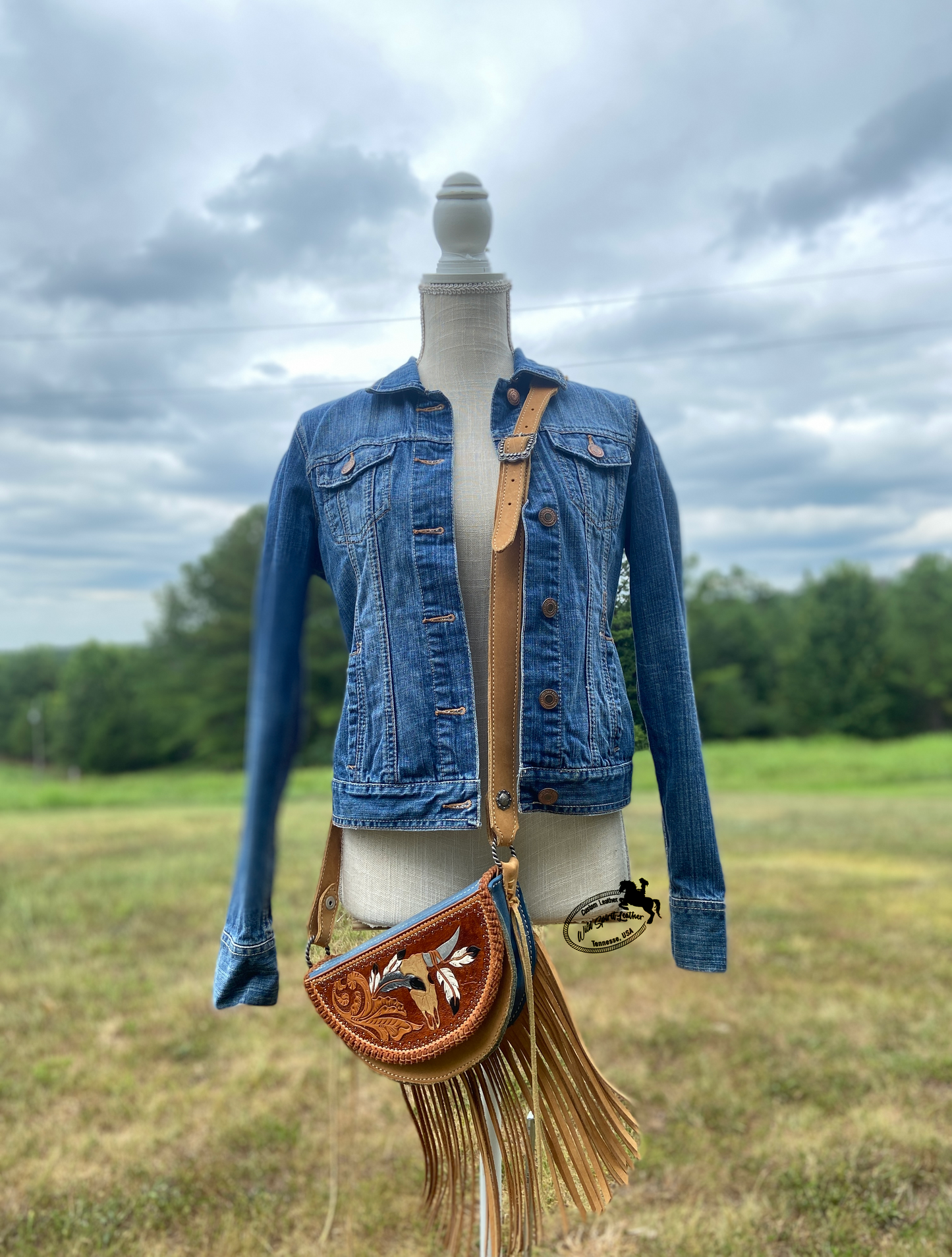 Vintage American Eagle jean jacket with leather patch and fringe