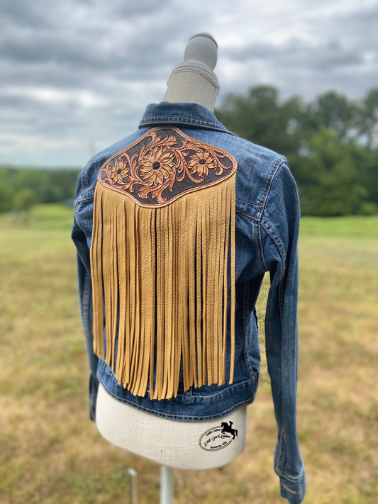 Vintage American Eagle jean jacket with leather patch and fringe