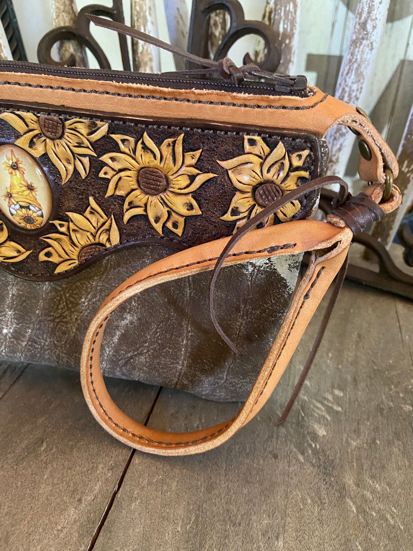 Sunflower vintage cowhide wristlet