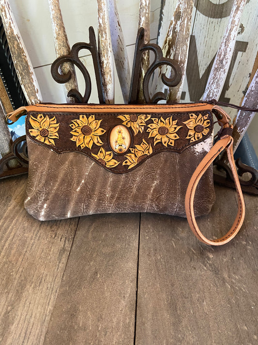 Sunflower vintage cowhide wristlet