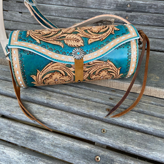 Sheridan style hand tooled leather barrel purse