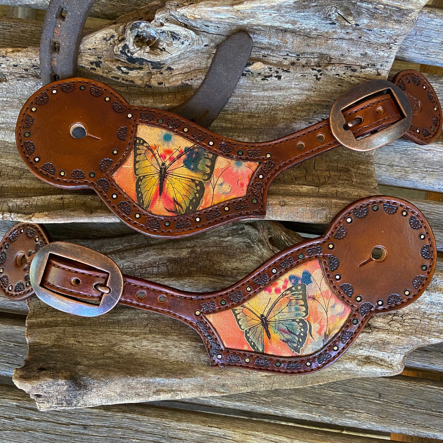 Western spur straps with butterfly inlay