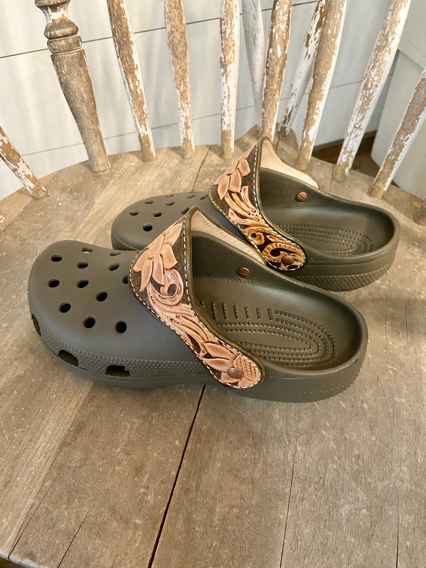 Crocs with handmade leather strap