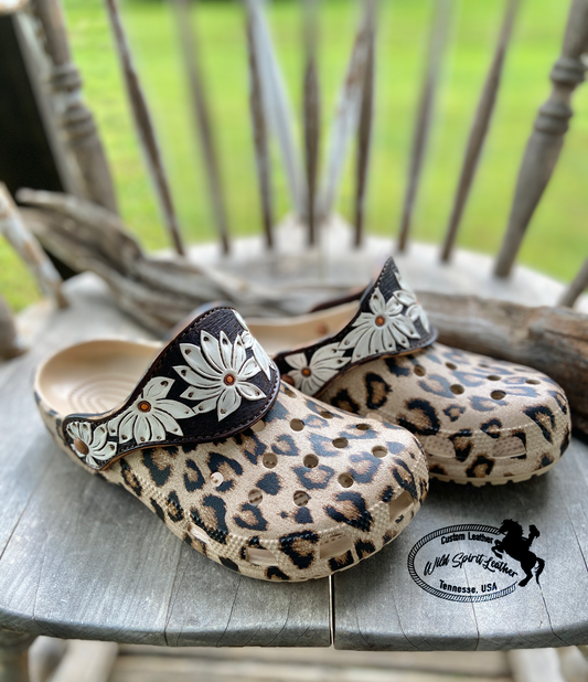 Animal print crocs with vintage looking daisy leather straps