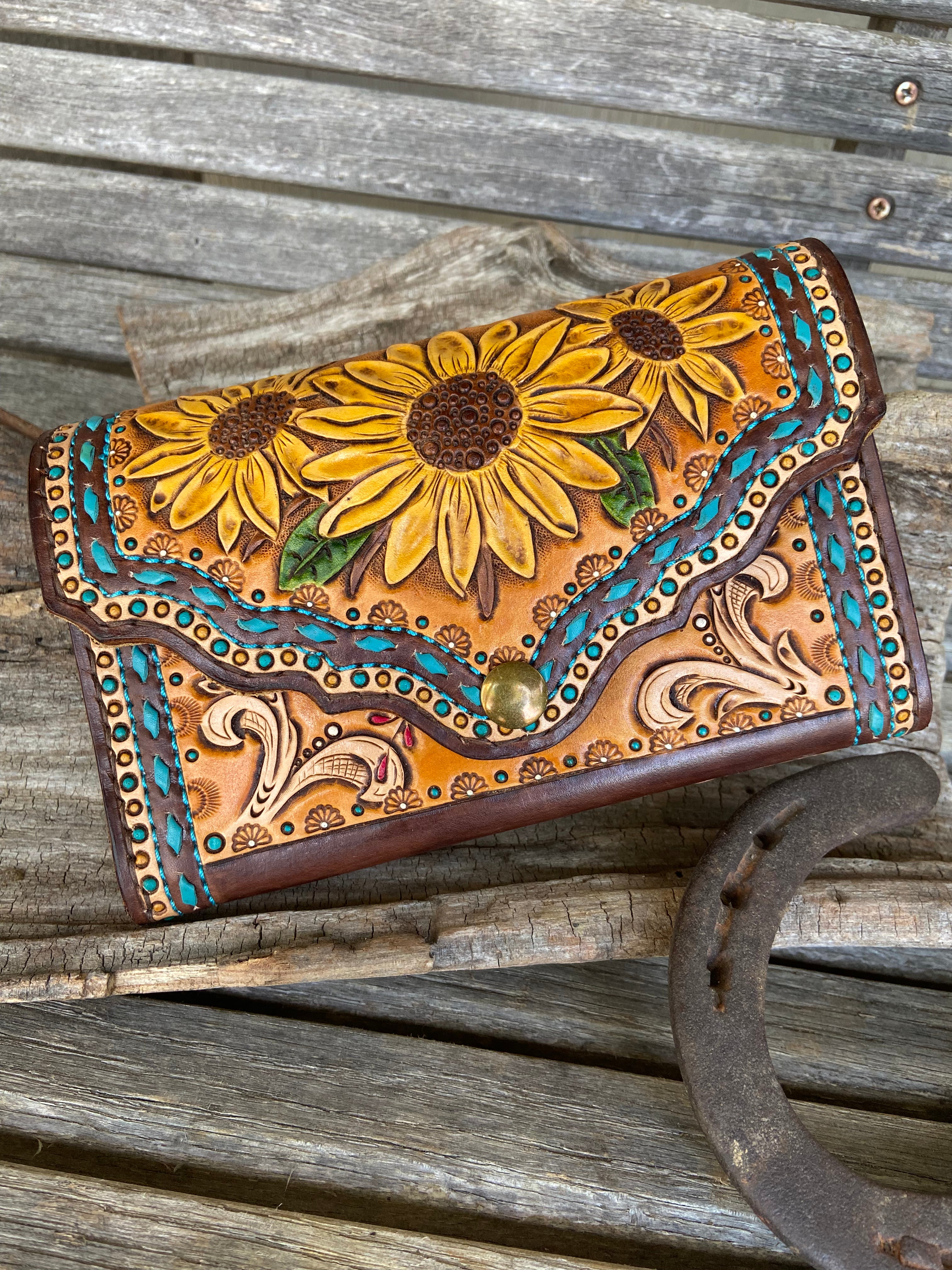 The Sunflower Cowgirl Tooled Clutch Wallet