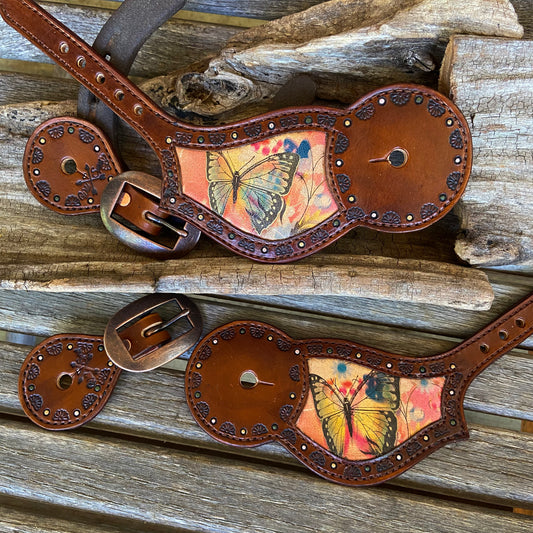 Western spur straps with butterfly inlay