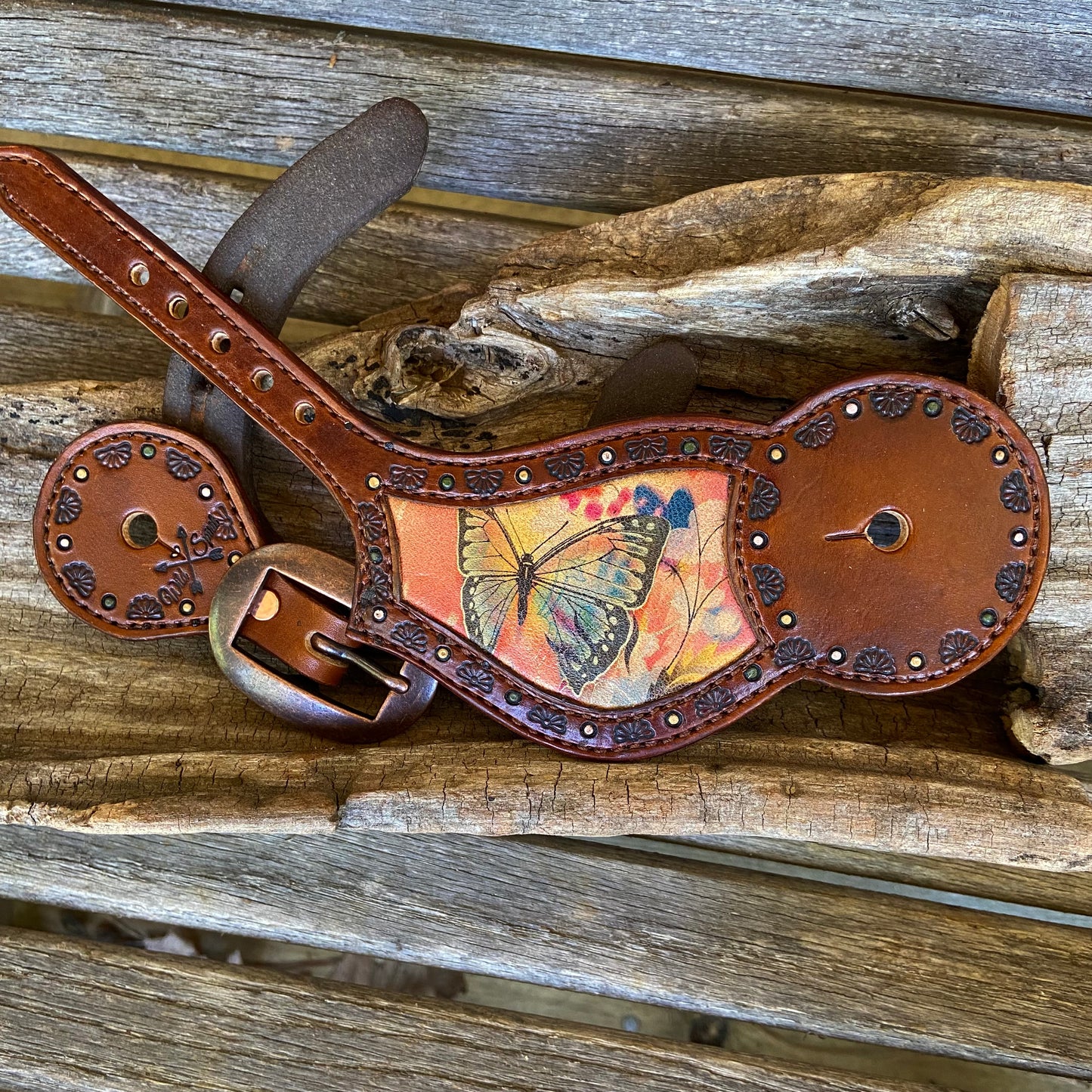 Western spur straps with butterfly inlay