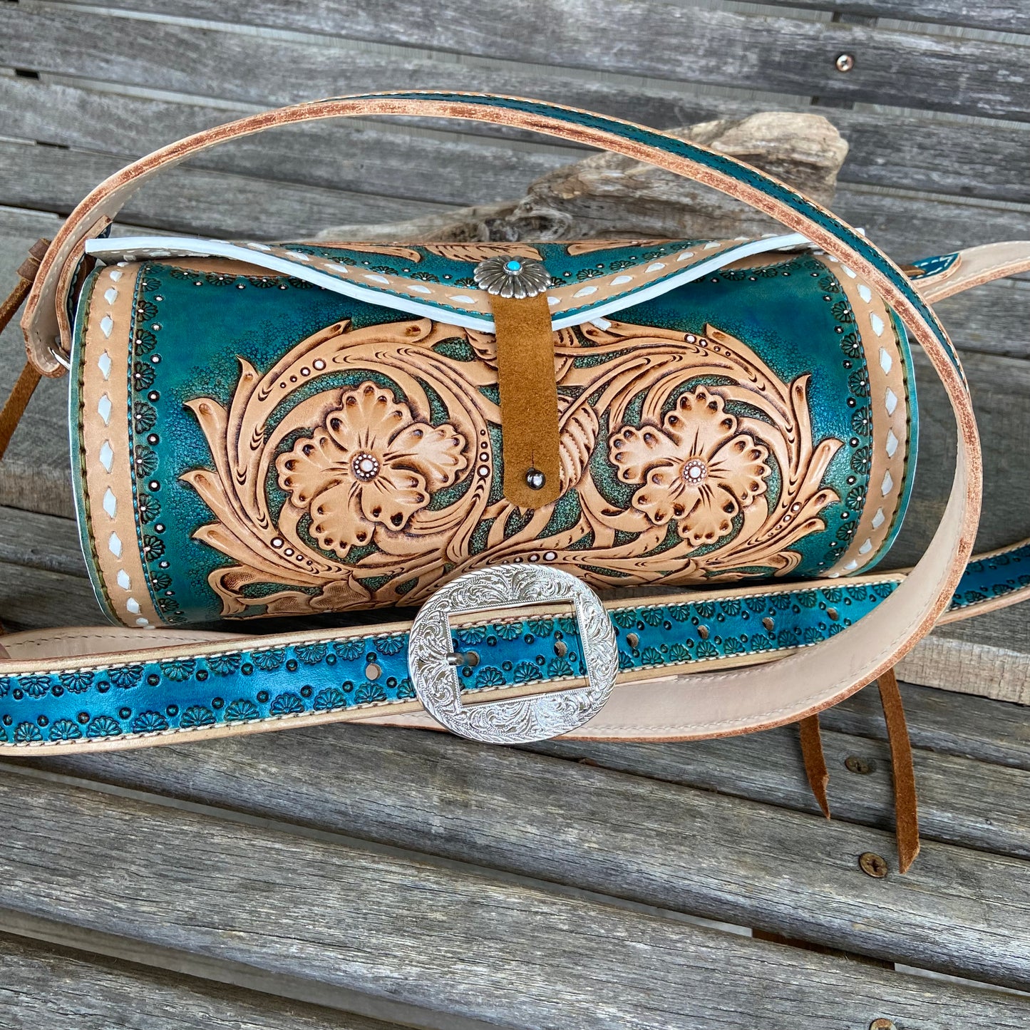 Sheridan style hand tooled leather barrel purse
